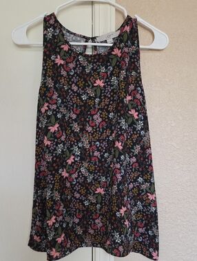 LOFT Dark Blue Floral Tank with Pink and Yellow Blooms
